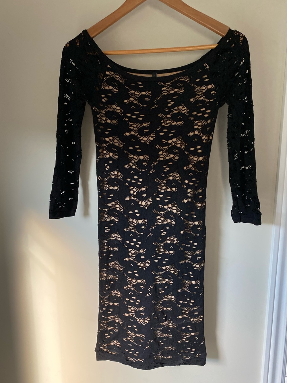 Guess Black Lace Long Sleeve Sheath Dress with Nude Underlay
